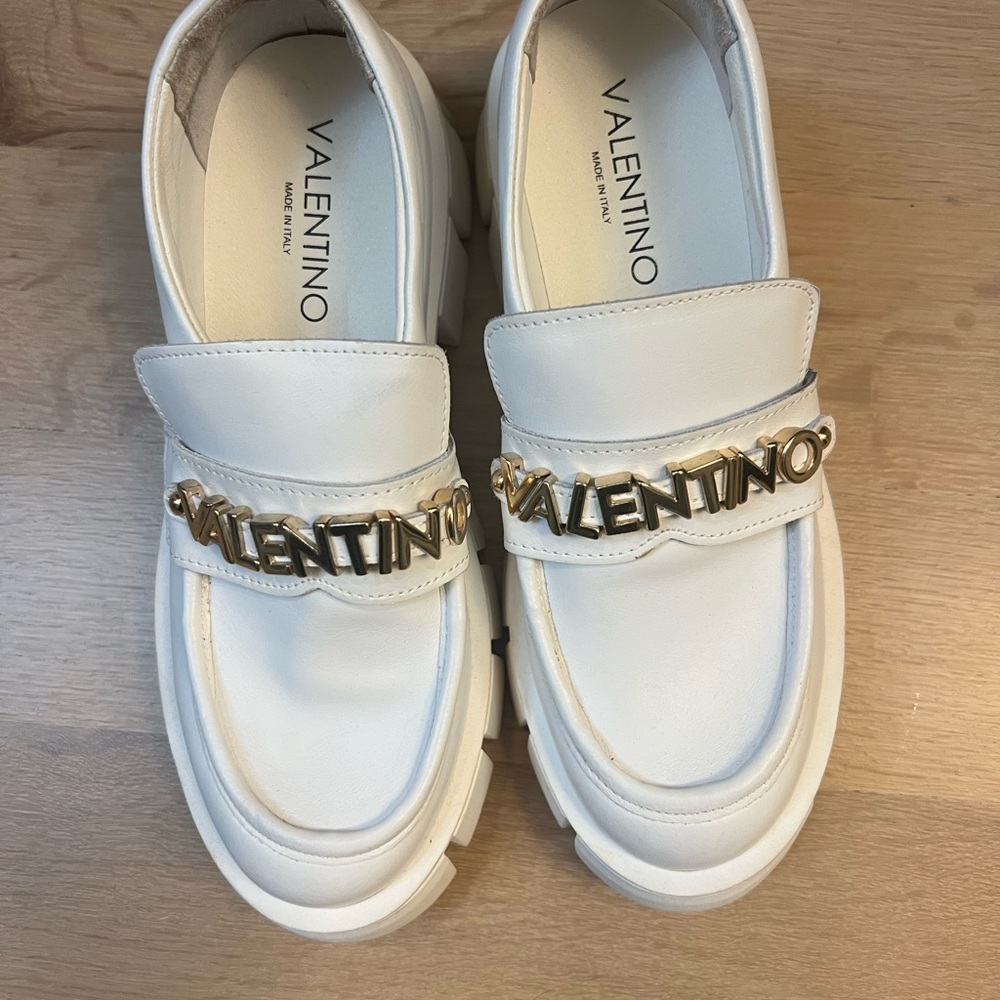 Valentino White Loafers with Gold Accents